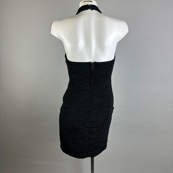 Vtg 90s Bari Jay Black Mini Coffin Ruched Halter Dress Deep V Sequins Size 3/4 - Picture 4 of 6